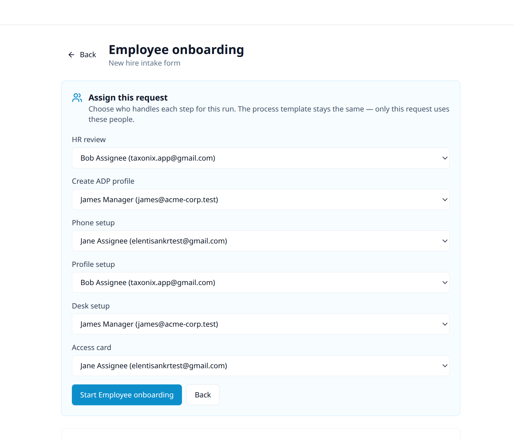Assign this request screen choosing who handles HR review, ADP profile, phone setup, desk setup, and access card for one onboarding run