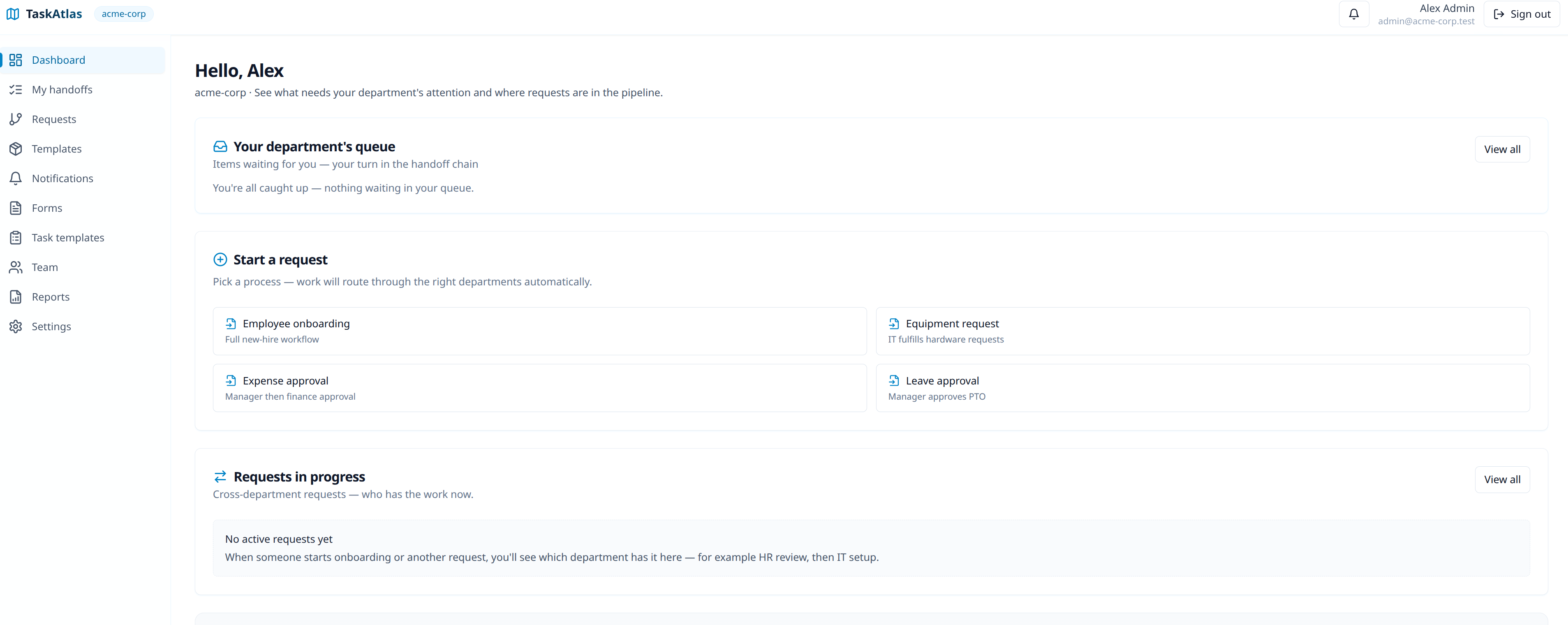 TaskAtlas dashboard with department queue, start-a-request workflows including onboarding equipment expense and leave, and requests in progress