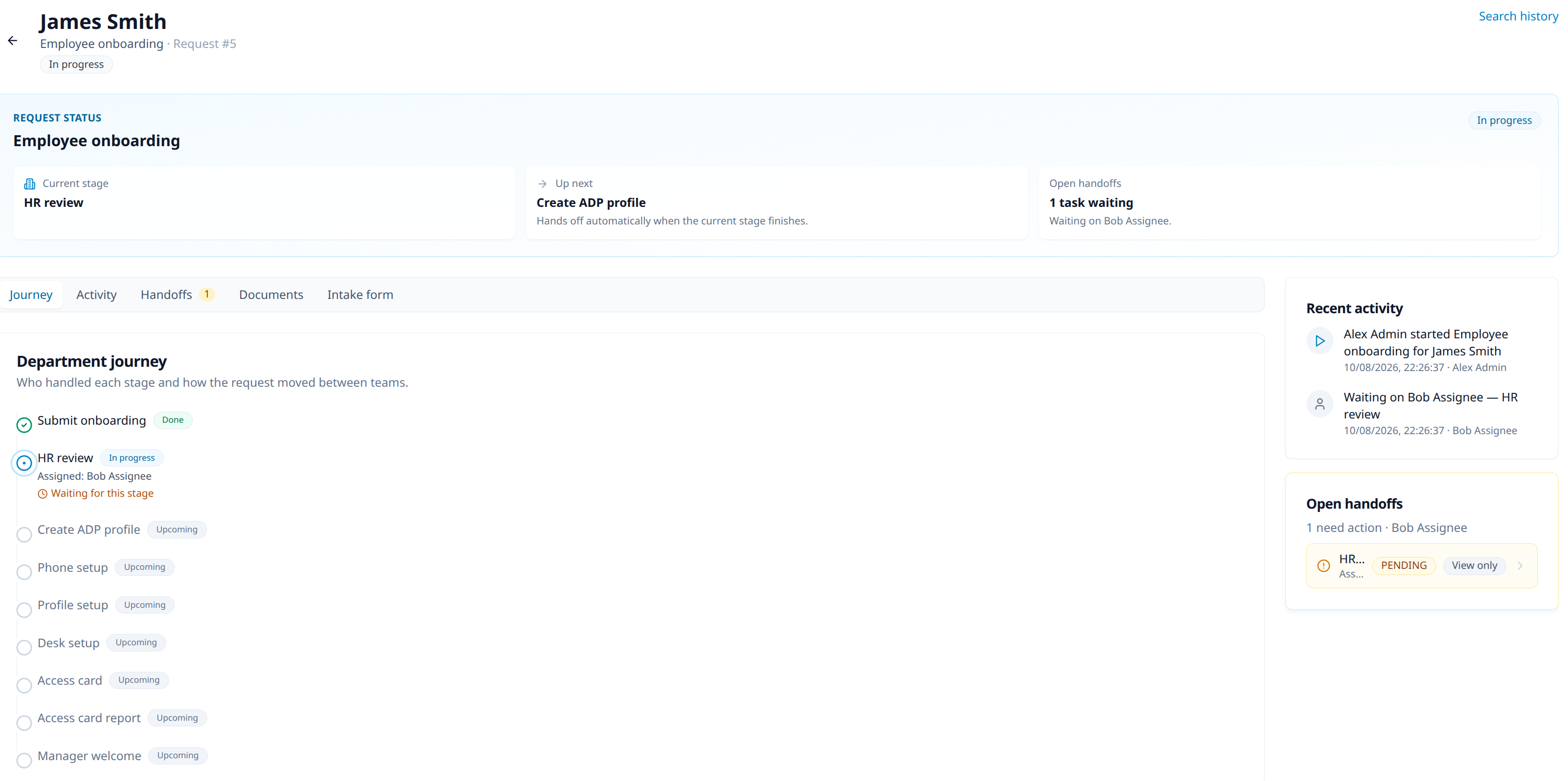 TaskAtlas request view showing James Smith employee onboarding journey, current HR review stage, and open handoff waiting on Bob